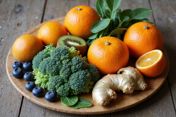 Assortment of colorful fruits and vegetables known for immune-boosting properties