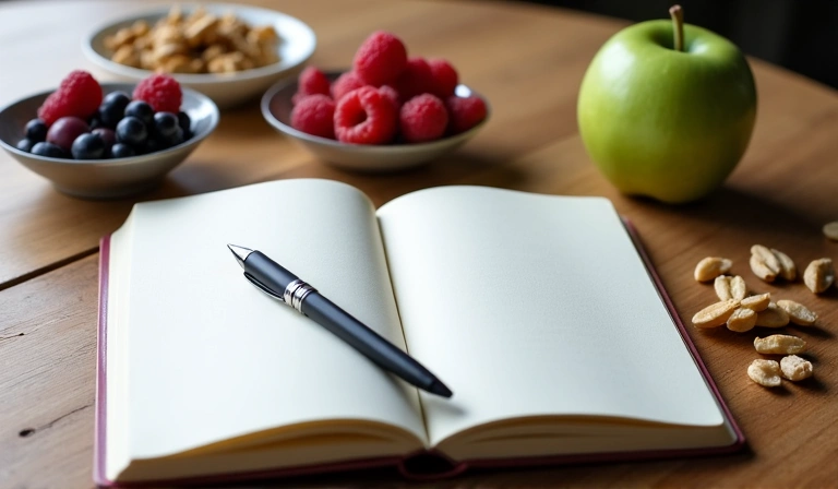 Open notebook with healthy snacks and a pen, symbolizing learning and healthy living