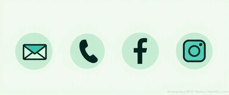 Icons representing email, phone, and social media, clean and modern