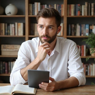 Image of a man in a thoughtful pose, perhaps reading about health or nutrition